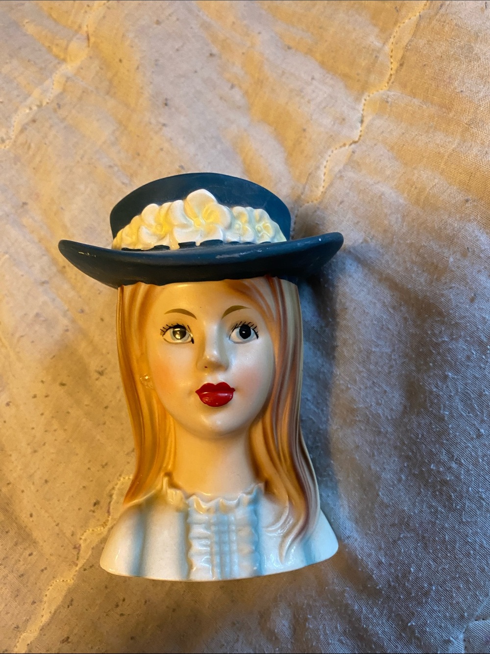 Hand-Painted Ceramic Lady Head Vase in Blue and White